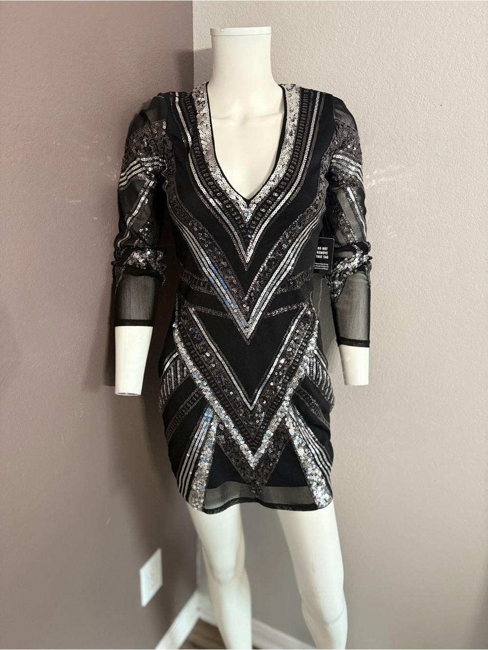 Express Black Mini Dress with Silver Sequin Chevron Accents